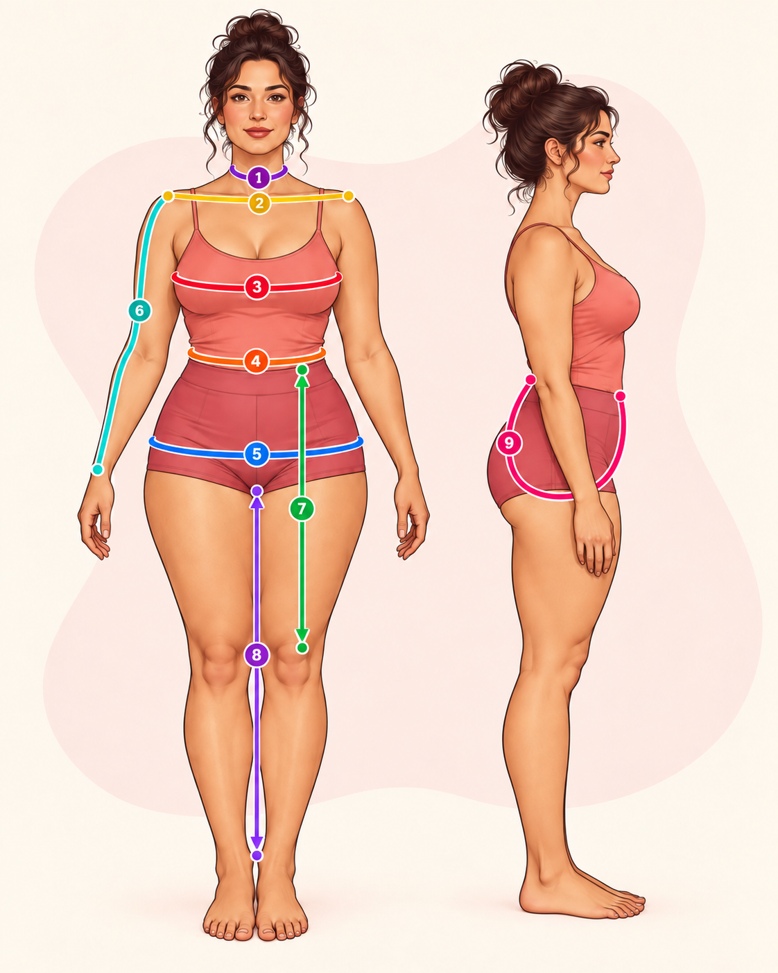 Femme aux formes naturelles vue de face et de profil avec neuf repères colorés pour prendre les mensurations